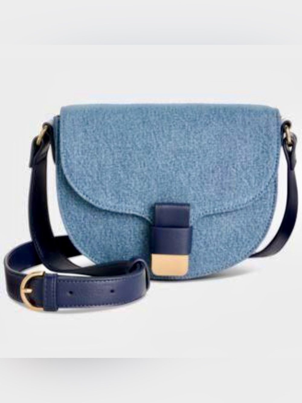On 34th Holmme Small Denim Crossbody,Saddle Bag with Faux Leather Navy Strap NWT